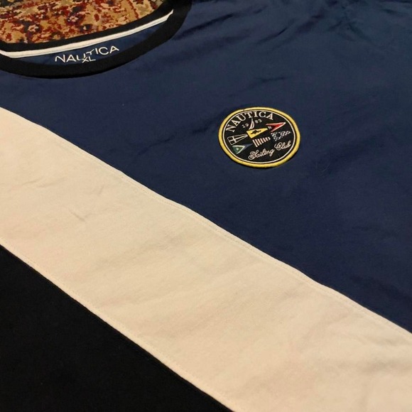 00s Nautica cut and sew diagonal asymmetrical striped big logo flags tshirt XL - Picture 3 of 6